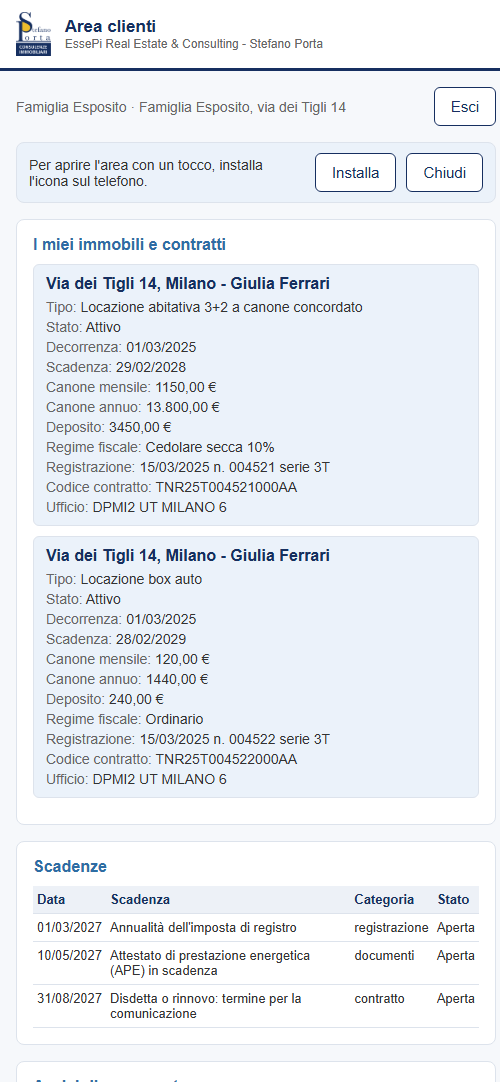 Schermata dell'area riservata dal telefono: contratti con i loro estremi e scadenze con data e stato